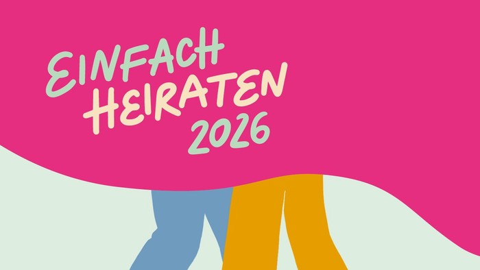Bunte Illustration zur Bewerbung von „Simple Wedding 2026“ mit stilisierten gehenden Figuren und pinkfarbenem Hintergrund.
