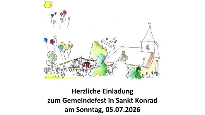 Einladung zum Gemeindefest in Sankt Konrad mit Gottesdienst und Familienaktivitäten am 5. Juli 2026.