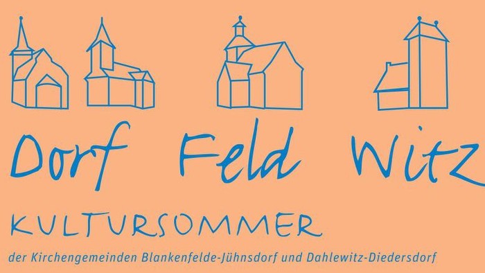 Grafik der vier Kirchen Jünsdorf und Diedersdorf, Blankenfelde, Dahlewitz, dazu der Schriftzug 