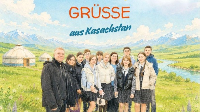 Einladungsplakat für ein Konzert und Treffen mit Schüler:innen der Schule „St. Lorenz“ in Korneevka, Kasachstan.