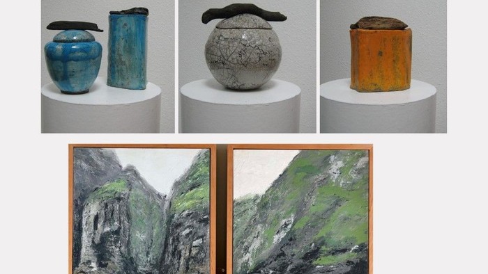 Kunstneriske keramiske kar og landskabsmalerier af Kirsten Birkedal Wagner og Roderick McDonald.