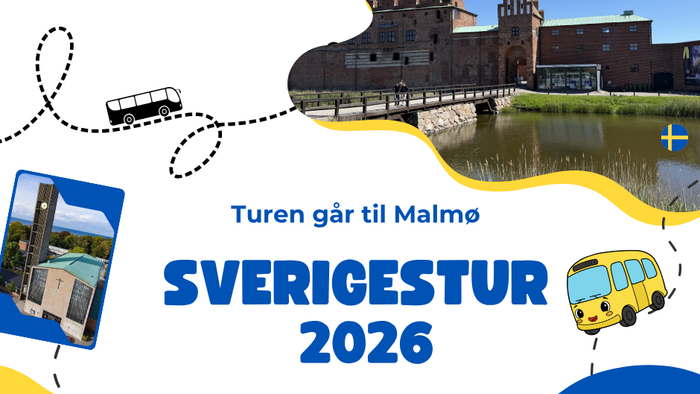 Reklameplakat for 2026-svensk turnéarrangement på vej til Malmö med rejsetema-grafik.