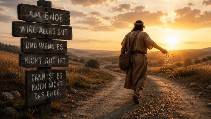 Bild eines einsamen Wanderers, der den Weg in den Sonnenuntergang geht