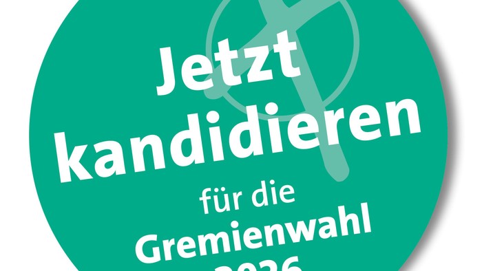 Ein grüner runder Aufkleber, der Kandidat:innen zur Teilnahme an den Gremienwahlen 2026 motiviert.