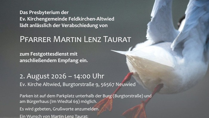 Abschiedsankündigungsplakat für Pfarrer Martin Lenz Taurat mit einem Vogel und einem biblischen Zitat.
