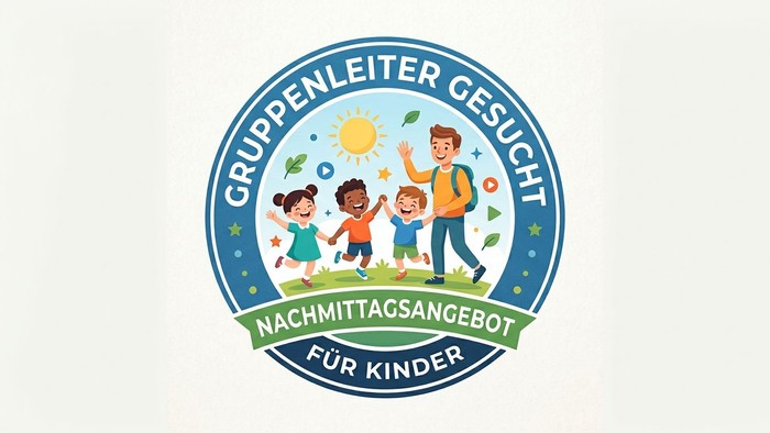 Logo-Werbung für die Suche nach Gruppenleitern für Nachmittagsbetreuungsprogramme für Kinder.