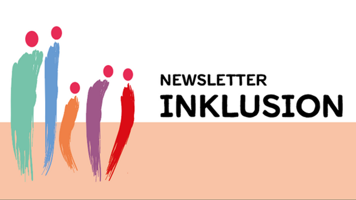 Fünf unterschiedliche, farbige Stricke mit je einem roten Punkt oben. Newsletter Inklusion.