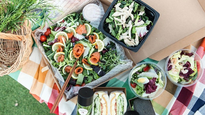 Bunte Outdoor-Salat- und Sandwich-Auswahl, arrangiert auf einer karierten Picknickdecke mit frischen Garnituren.