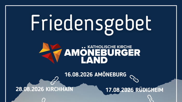 Plakat mit katholischen Friedensgebetsveranstaltungen an verschiedenen Orten im August 2026, jeden Abend um 21:00 Uhr.