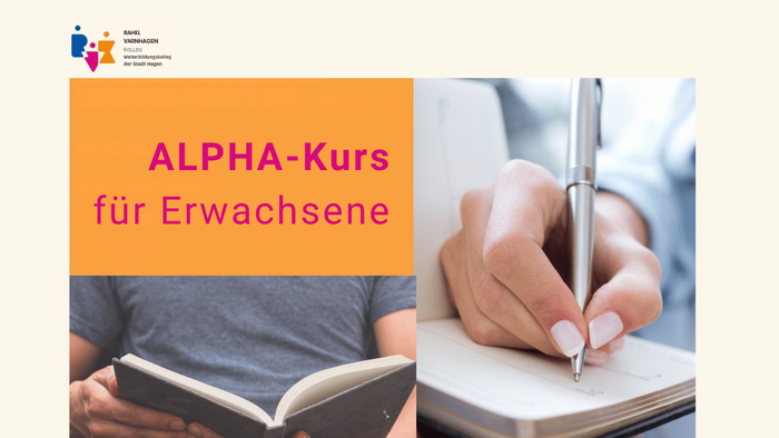 Werbekampagnenbild für einen ALPHA-Kurs für Erwachsene zu Alphabetisierung und Glauben mit Lese- und Schreibübungen.