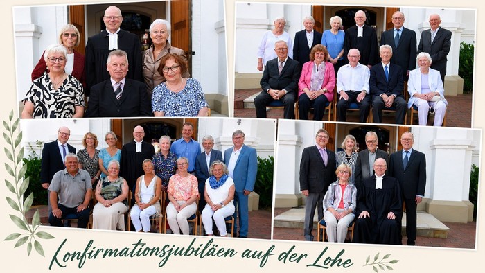 Gruppenfotos zur Feier von Konfirmationsjubiläen in einem formellen, kirchlichen Freiluftambiente.