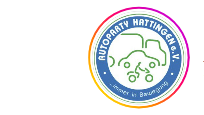 Logo für Autoparty Hattingen e.V. mit einer Grafik aus Auto und Motorrad sowie dem Slogan „Immer in Bewegung“.