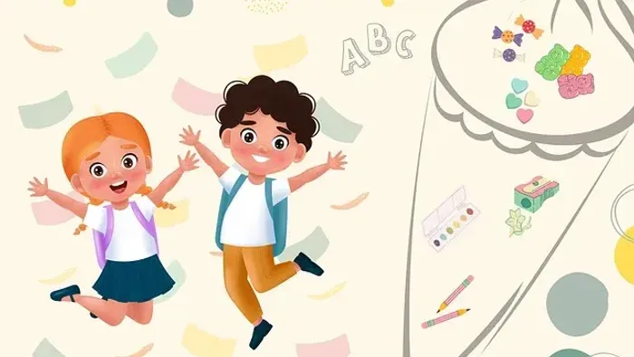 Zwei fröhliche Kinder springen vor Schulmaterialien und bunten Elementen.