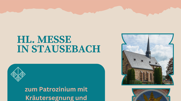„Bekanntmachung einer Heiligen Messe in Stausebach mit Kräutersegnungsprozession am 15. August 2026 um 20 Uhr.“