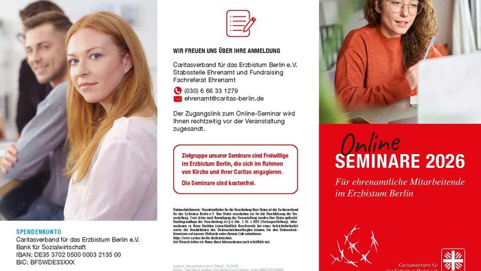 Online-Seminar-Anmeldeflyer für Ehrenamtliche im Erzbistum Berlin mit Veranstaltungsdetails für 2026.