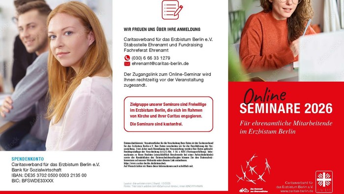 Online-Seminar-Anmeldeflyer für Ehrenamtliche im Erzbistum Berlin mit Veranstaltungsdetails für 2026.