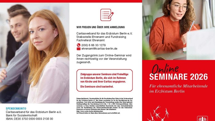 Online-Seminar-Anmeldeflyer für Ehrenamtliche im Erzbistum Berlin mit Veranstaltungsdetails für 2026.