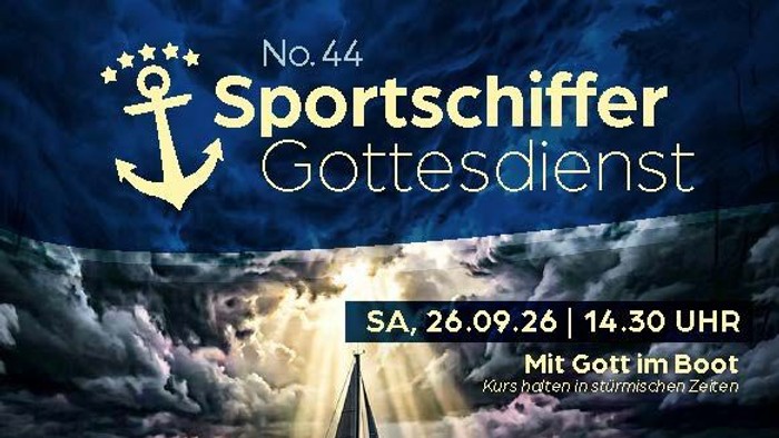 Plakat für eine segelthematische religiöse Veranstaltung mit einem Boot auf stürmischer See, betitelt *„Sportschiffer-Gottesdienst“*.