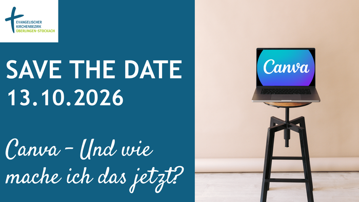 Veranstaltungsplakat zur Bewerbung eines Canva-Workshops am 13. Oktober 2026 mit einem Laptop, der das Canva-Logo anzeigt.