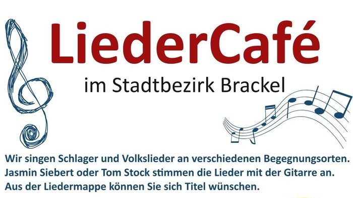 Plakat zur Bewerbung kostenloser LiederCafé-Veranstaltungen mit Live-Gitarrenmusik und Volksliedern im Bezirk Brackel.
