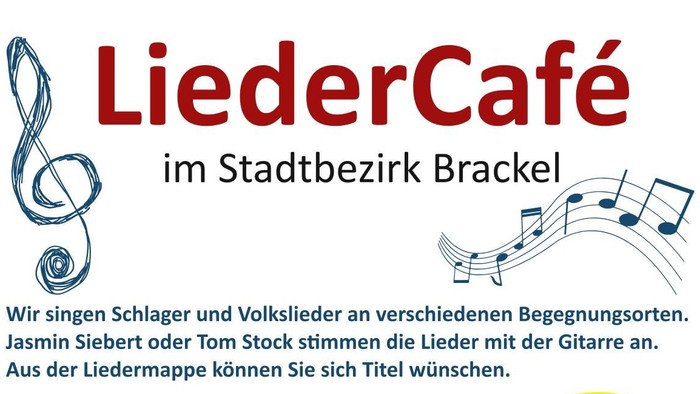 Plakat zur Bewerbung kostenloser LiederCafé-Veranstaltungen mit Live-Gitarrenmusik und Volksliedern im Bezirk Brackel.