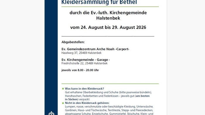 Benachrichtigung zur Kleidersammlung für Bethel durch die Ev.-luth. Kirchengemeinde Halstenbek vom 24. bis 29. August 2026.
