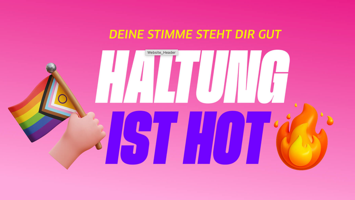 „Deine Stimme zählt“ – eine unterstützende LGBTQ+-Botschaft, die zum Wählen ermutigt, mit den Worten: *„Deine Stimme ist wichtig“* und *„Aufstehen ist heiß“*.