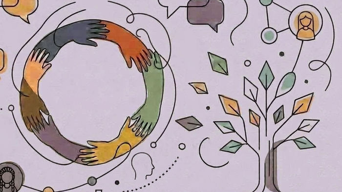 Ein Ring aus Händen in verschiedenen Farben, dazu verschiedene andere bunte Symbole.