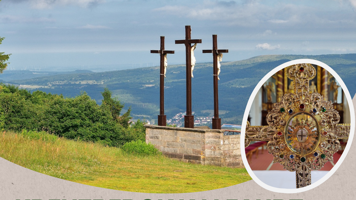 Plakat zur Bewerbung der Kreuzbergwallfahrt mit Kreuzen, Kirche und Anmeldedetails am 16. September 2026.