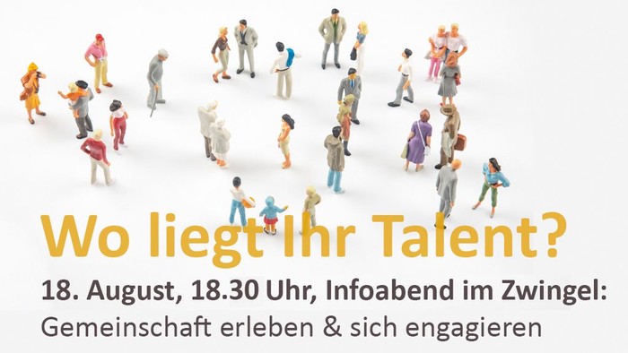Plakat zur Bewerbung einer Veranstaltung am 18. August über die Entdeckung von Talenten, Gemeinschaftsengagement und soziale Aktivitäten mit Erfrischungen.