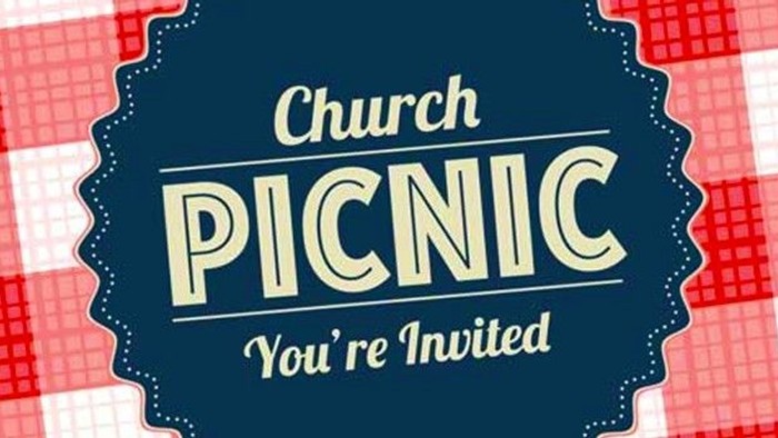 Invitation to a church picnic with a red and white checkered background.