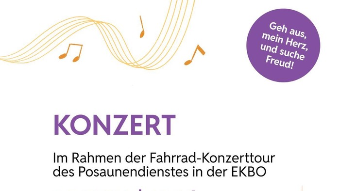 Plakat für ein kostenloses Fahrradkonzert am 16. Juli mit einer Blaskapelle und musikalischen Noten.