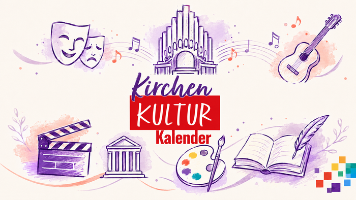 Die Grafik zeigt gezeichnete Symbole für Musik, Theater, Film, Kunst und Literatur rund um den Schriftzug „KirchenKULTURKalender“.