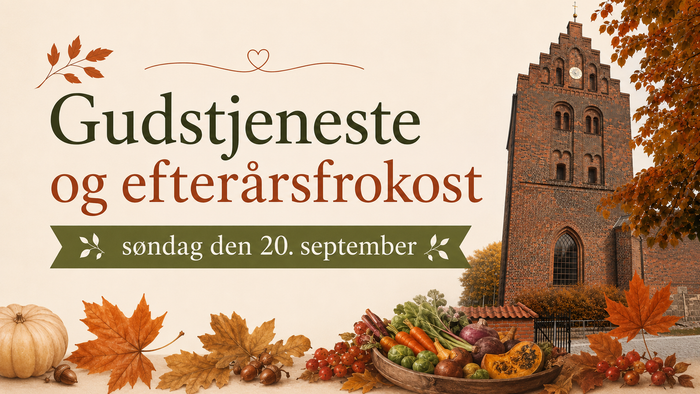 Efterårsinspireret gudstjeneste og høstmorgenmad annonceret til den 20. september med sæsonbetonede dekorationer.
