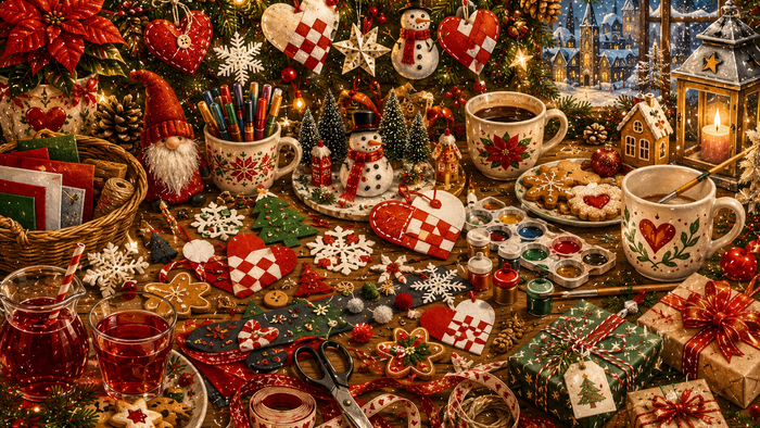 Et festligt feriebord med varme drikke, småkager, pynt og hyggelige juledekorationer.