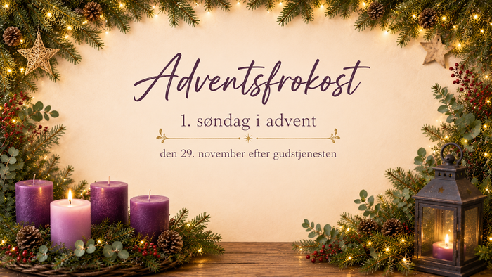 Juleadvents morgenmad-annonce for første søndag i advent med festlige dekorationer og lys.