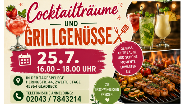 Samstags-Event-Flyer für den Baumwipfelpfad Gladebeck mit Cocktails, Grillen und Gemeinschaftsaktivitäten für Senioren.