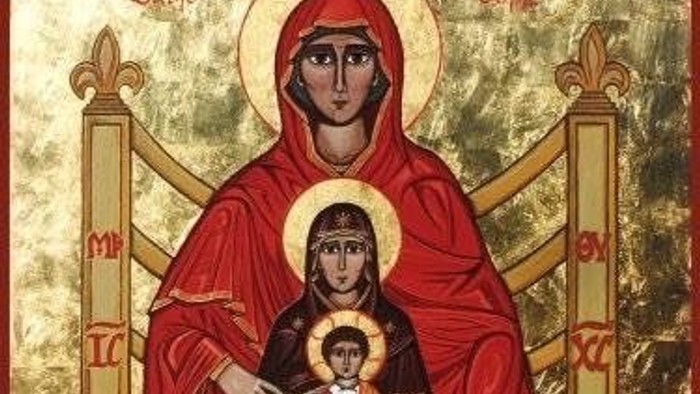 Religious icon depicting the Virgin Mary holding baby Jesus, seated on a throne.