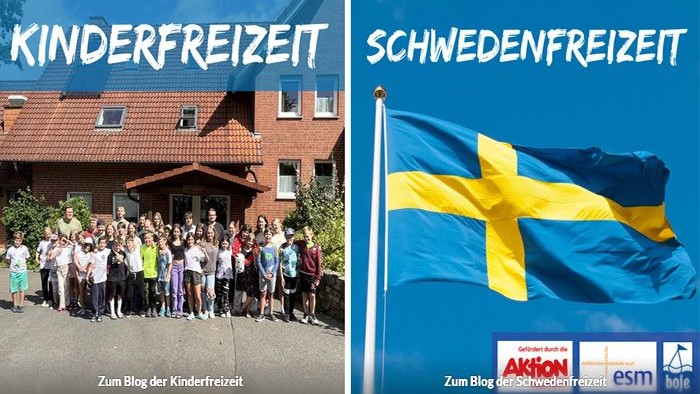 Das Bild zeigt links eine Schwedenfahne und auf der rechten Seite ein Gruppe mit Menschen.