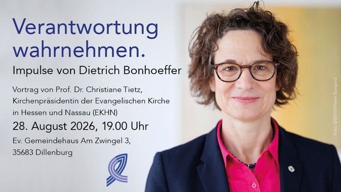 Plakat für einen Vortrag zu Dietrich Bonhoeffers Verantwortungsthemen von Prof. Dr. Christiane Tietz am 28. August 2026.