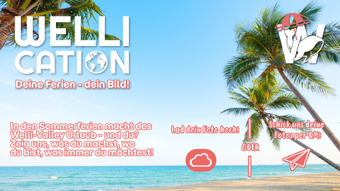 Bild, das Palmen und einen Aufruf zum Teilen von Urlaubsfotos enthält