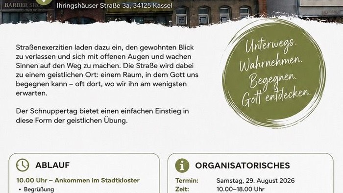 Plakat für den „Schnuppertag Straßenexerzitien“ – Gott auf den Straßen Kassels entdecken am 29. August 2026.