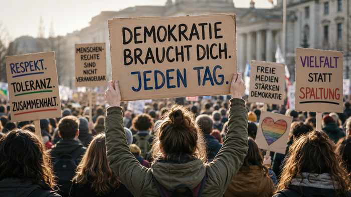 Eine Person hält bei einer Demonstration ein Schild mit der Aufschrift „Demokratie braucht dich. Jeden Tag.“ über den Kopf. In der Menschenmenge sind weitere Plakate mit Botschaften zu Respekt, Menschenrechten, Pressefreiheit und Vielfalt zu sehen.