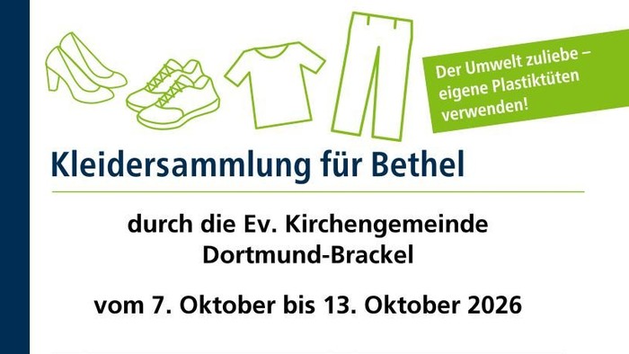 Bekanntmachung zur Kleidersammlung für Bethel durch die Kirchengemeinde Dortmund-Brackel vom 7. bis 13. Oktober 2026.