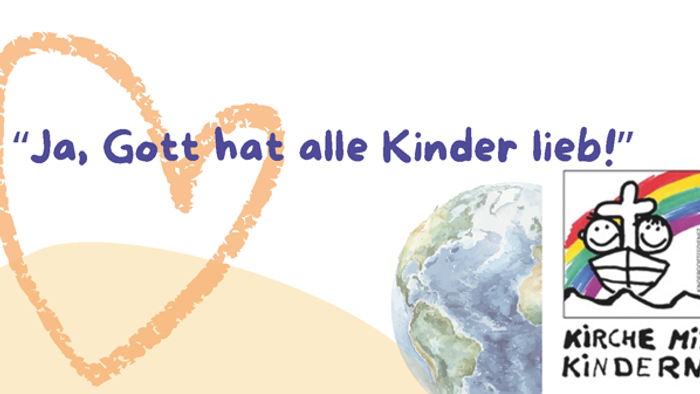 Ein herzerwärmender Aufruf auf Deutsch, der Liebe für alle Kinder weltweit fördert – mit dem Symbol einer globalen und inklusiven Kirche.