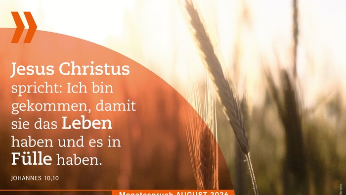 Monatsspruch August 2026 Jesus Christus spricht: Ich bin gekommen, damit sie das Leben haben und es in Fülle haben. Johannes 10,10