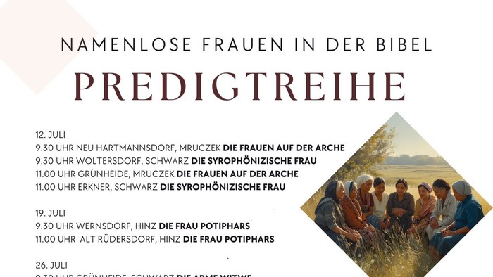 „Ein Predigtreihenplan mit namenlosen Frauen in der Bibel – inklusive Terminen, Uhrzeiten und Themen für jede Veranstaltung.“