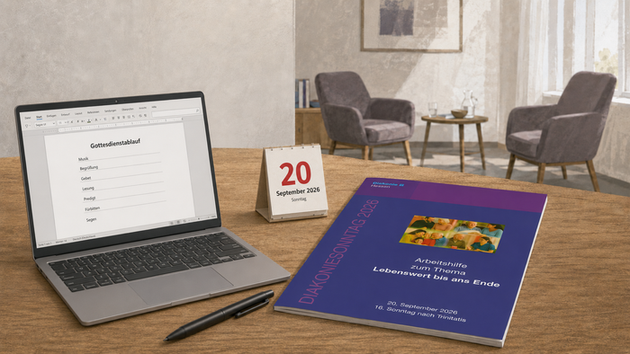Ein Laptop mit einem geöffneten Gottesdienstablauf, ein Tischkalender mit dem Datum Sonntag, 20. September, ein Stift und die Arbeitshilfe zum Diakoniesonntag 2026 liegen auf einem Holztisch, während im Hintergrund zwei Sessel einen Gesprächsbereich bilde