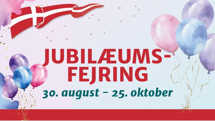 Jubilæumsfestplakat med datoer fra 30. august til 25. oktober med festlige balloner og norsk flagdesign.