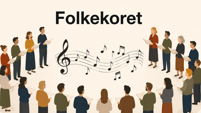 En glad gruppe, der synger sammen i et folkemusikkor med noder i baggrunden.